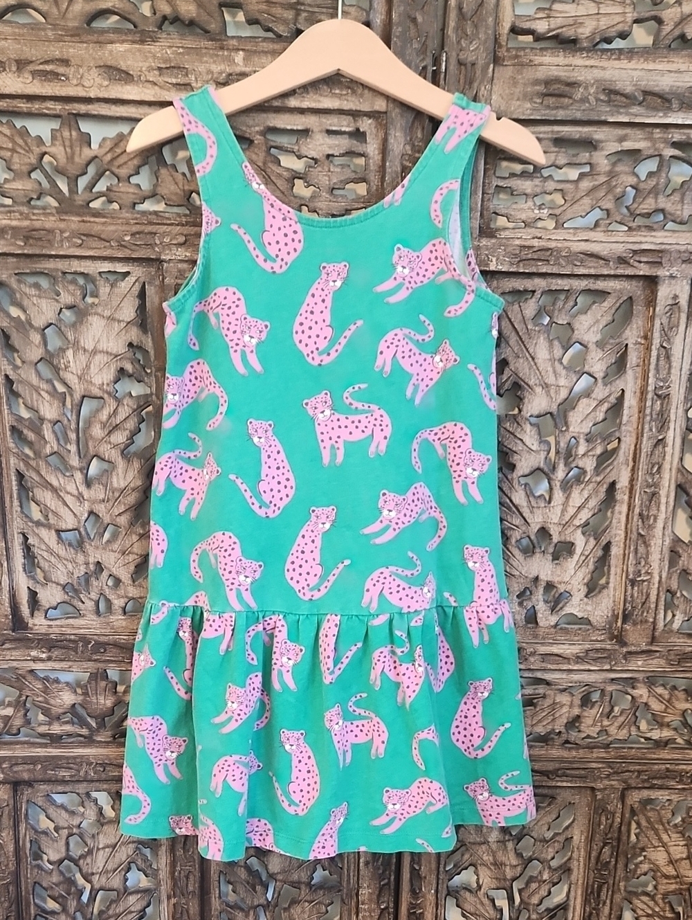 Mini Boden Girls Green and Pink Leopard Print Tank Dress. 6/7 Girl
